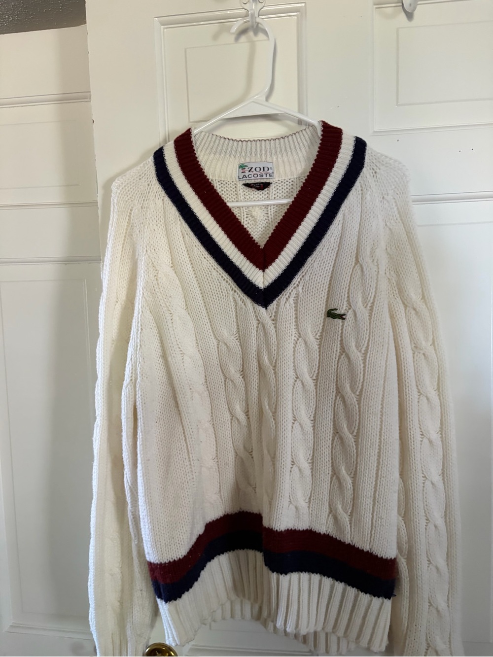Izod Men’s White Cable Knit V-Neck Sweater with Navy & Burgundy Trim